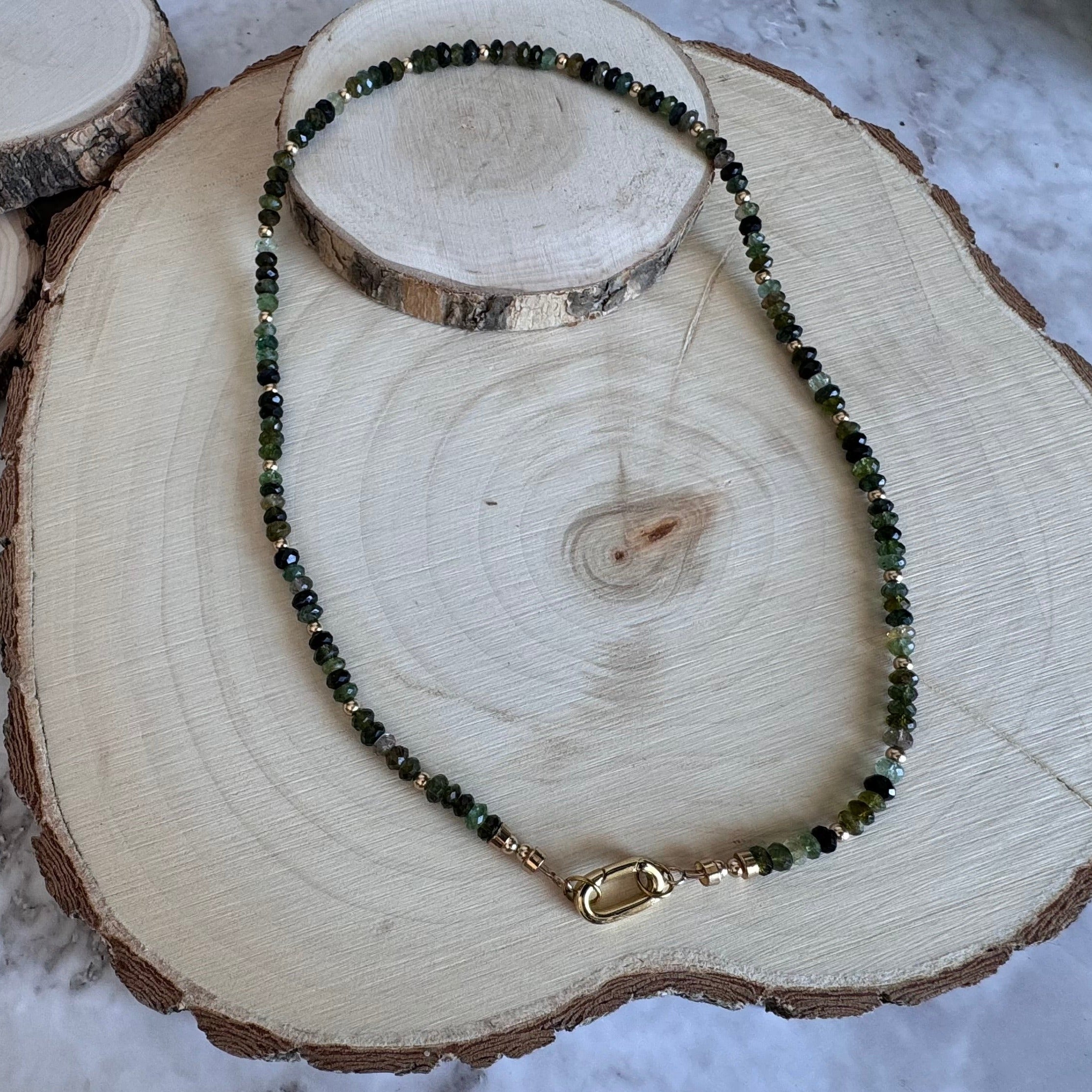 Elegant Green Tourmaline Necklace•Gold Filled Accents and Carabiner Closure