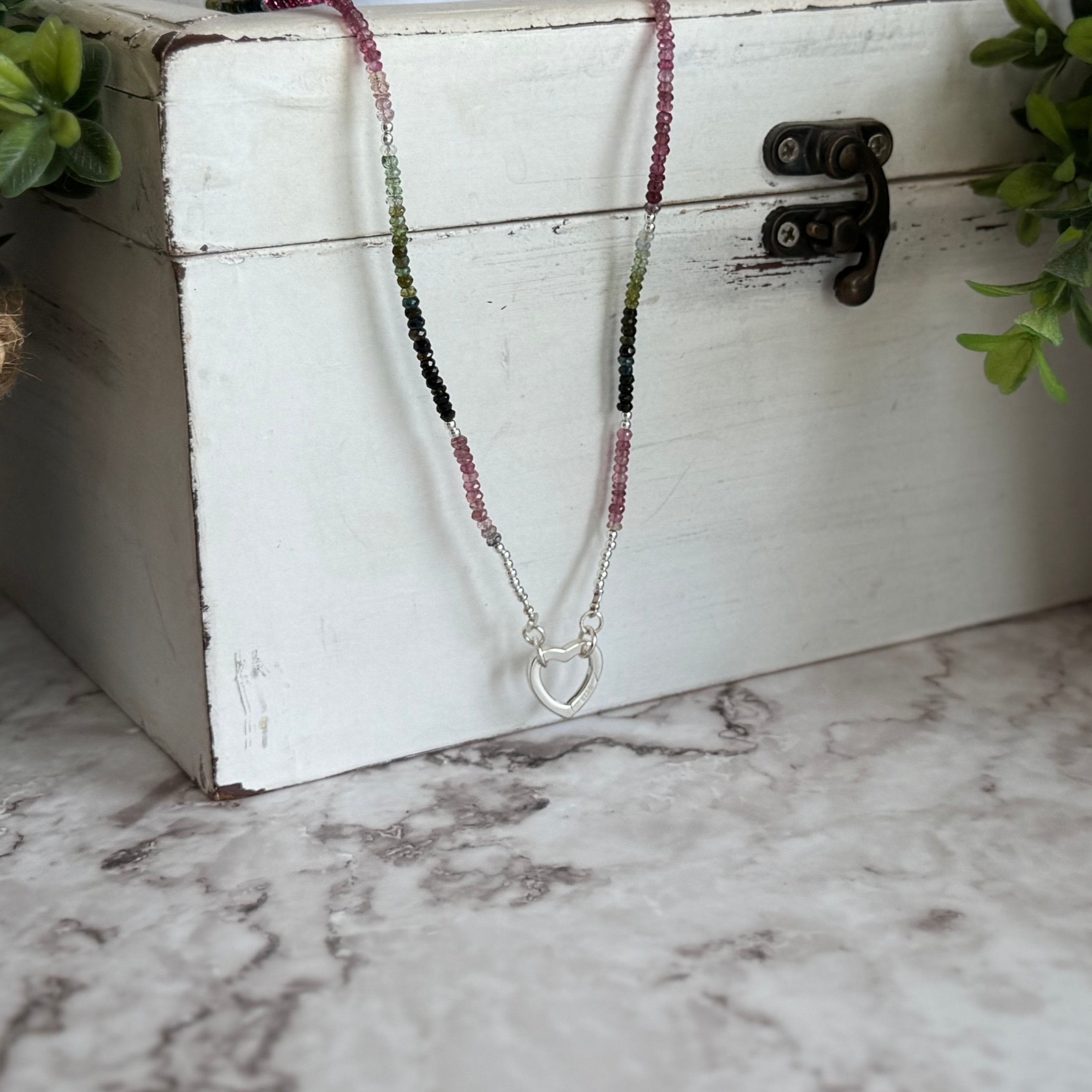 Pink & Green Tourmaline Beaded Necklace with Sterling Silver