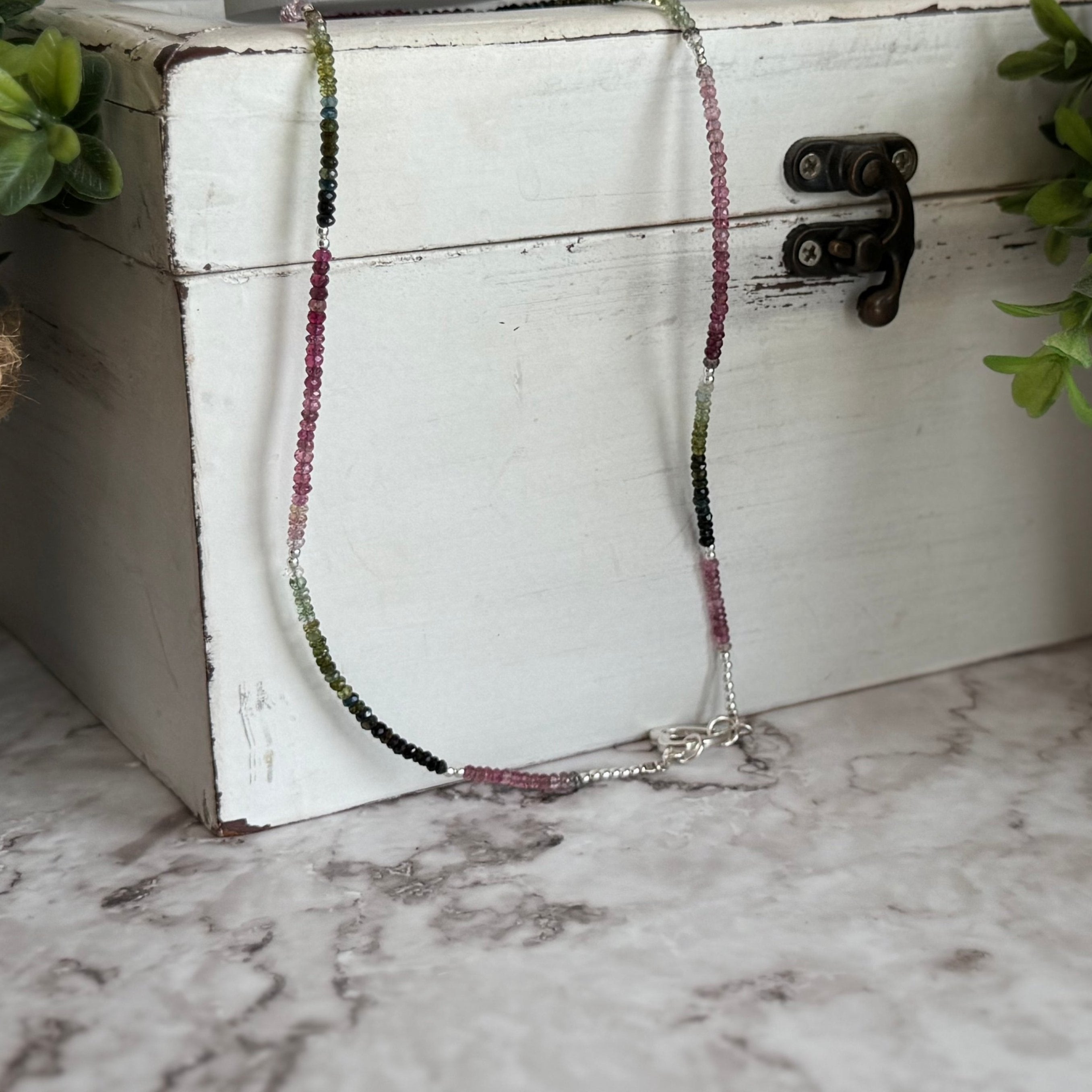 Pink & Green Tourmaline Beaded Necklace with Sterling Silver