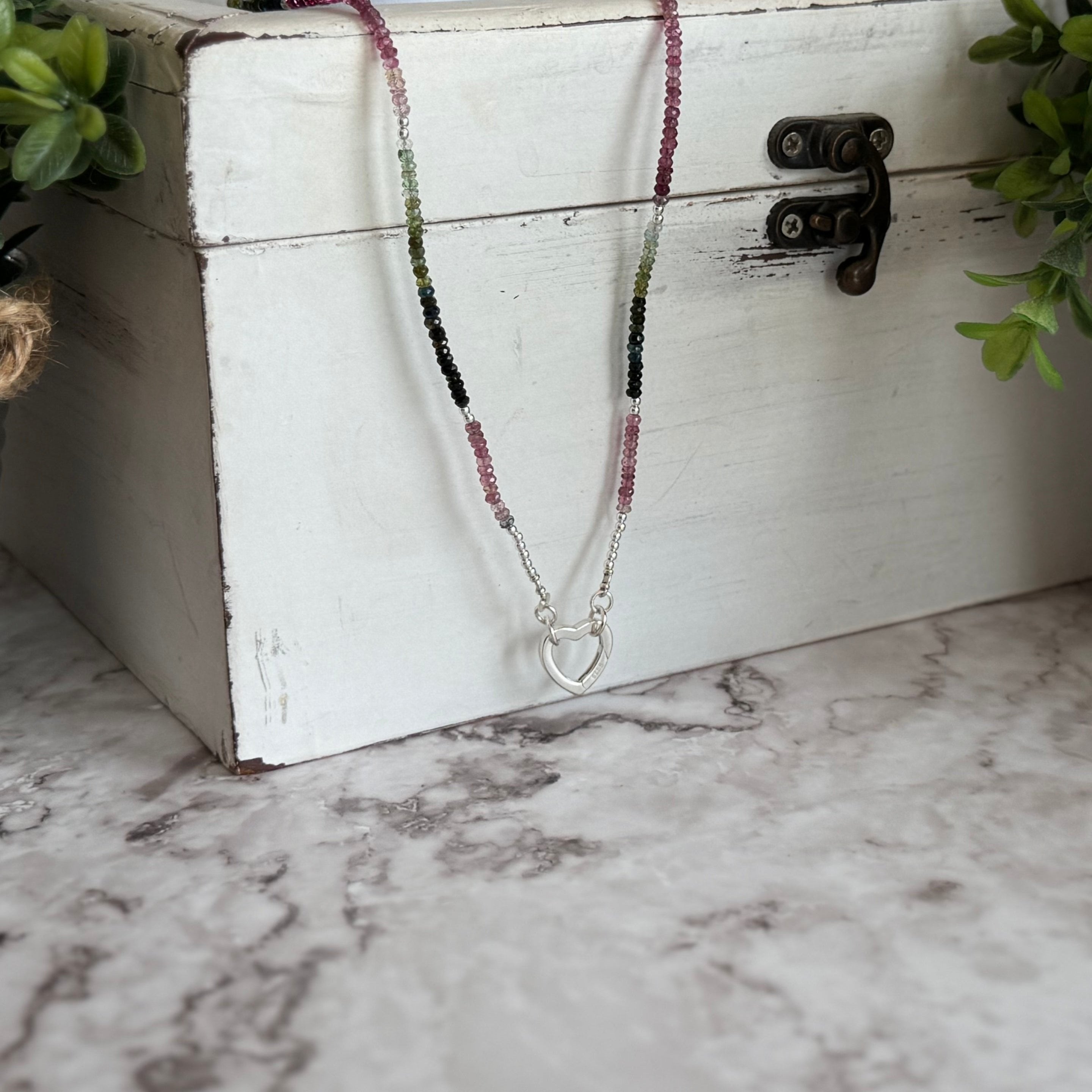 Pink & Green Tourmaline Beaded Necklace with Sterling Silver