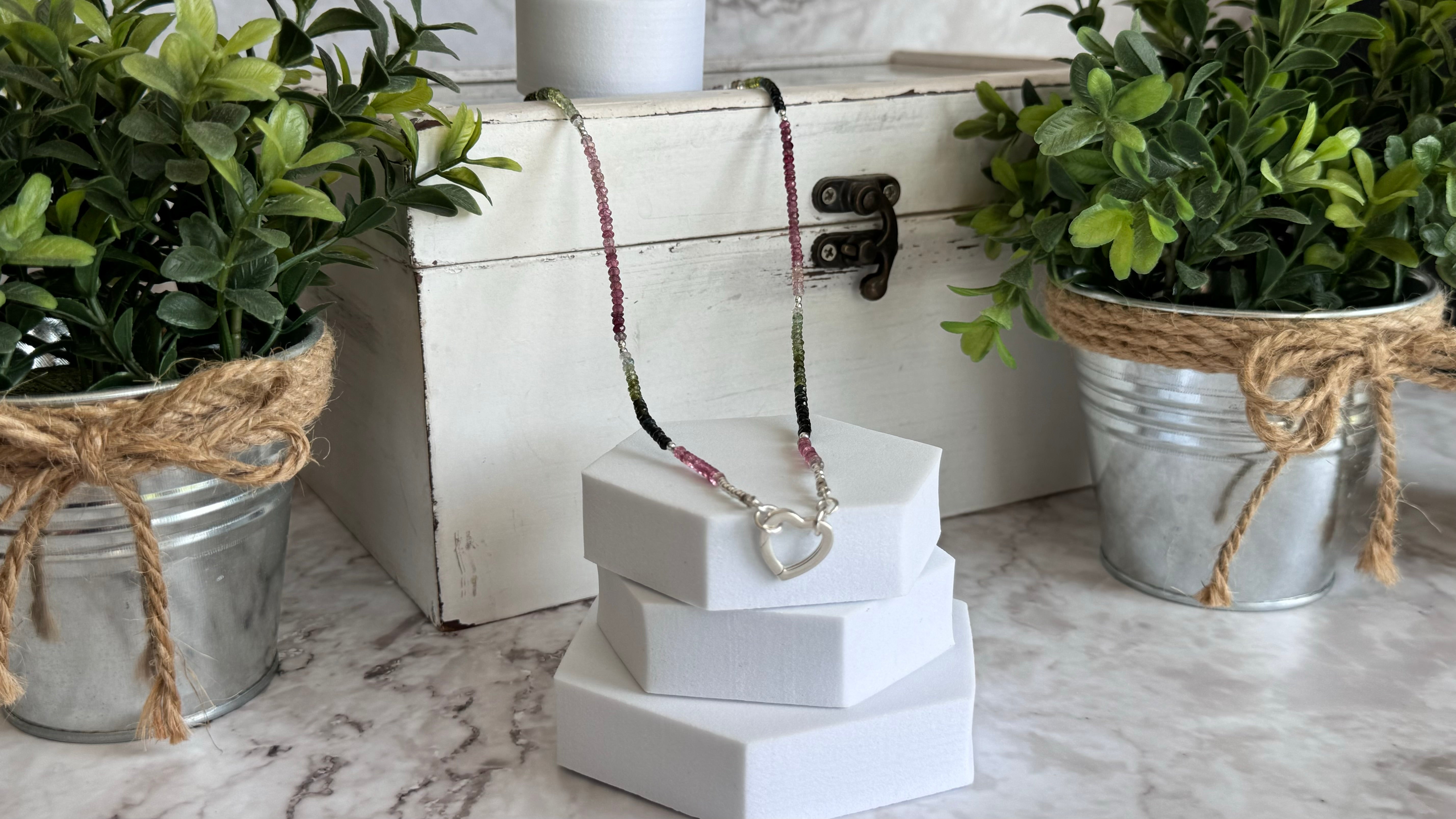 Pink & Green Tourmaline Beaded Necklace with Sterling Silver