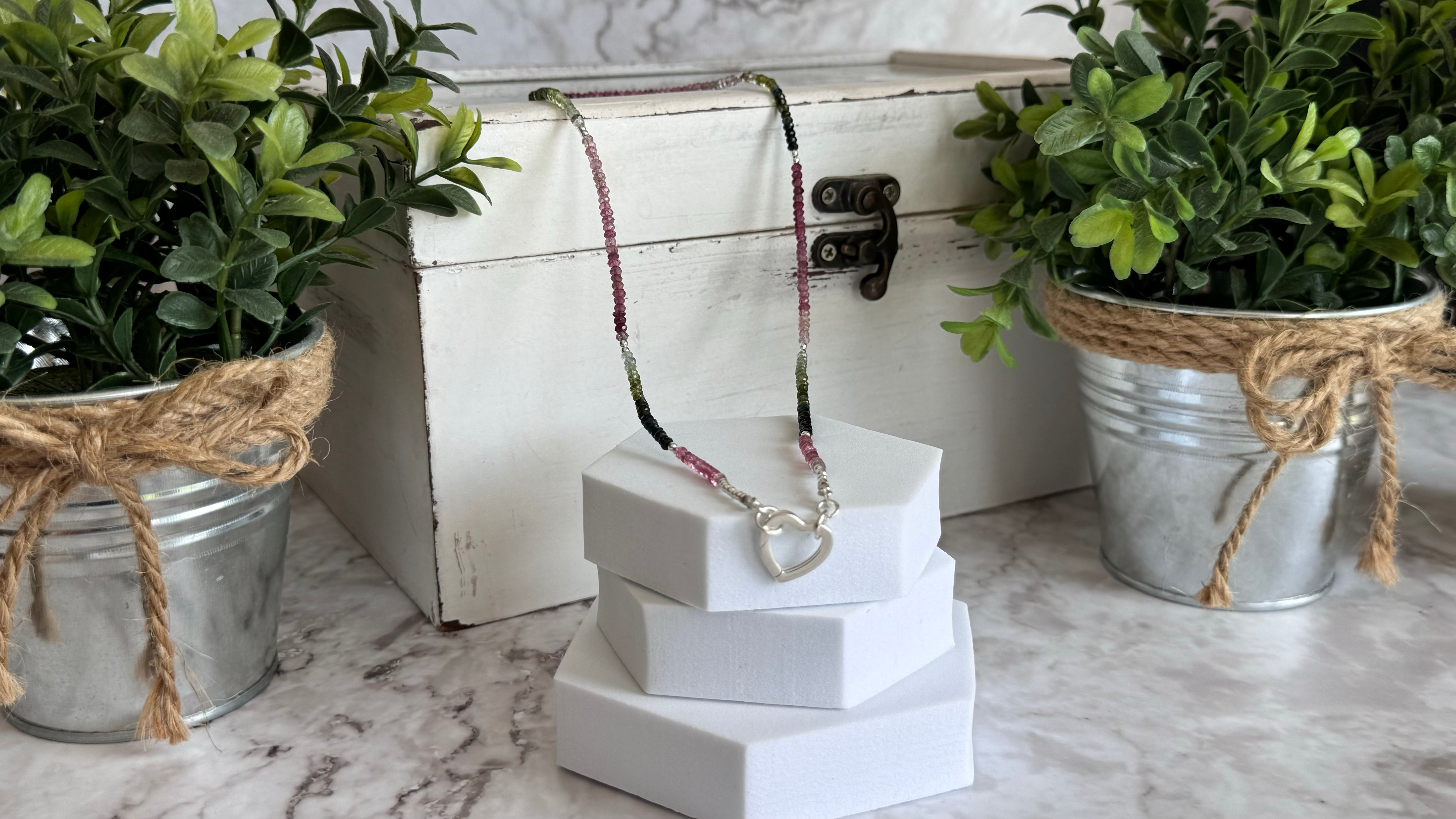 Pink & Green Tourmaline Beaded Necklace with Sterling Silver