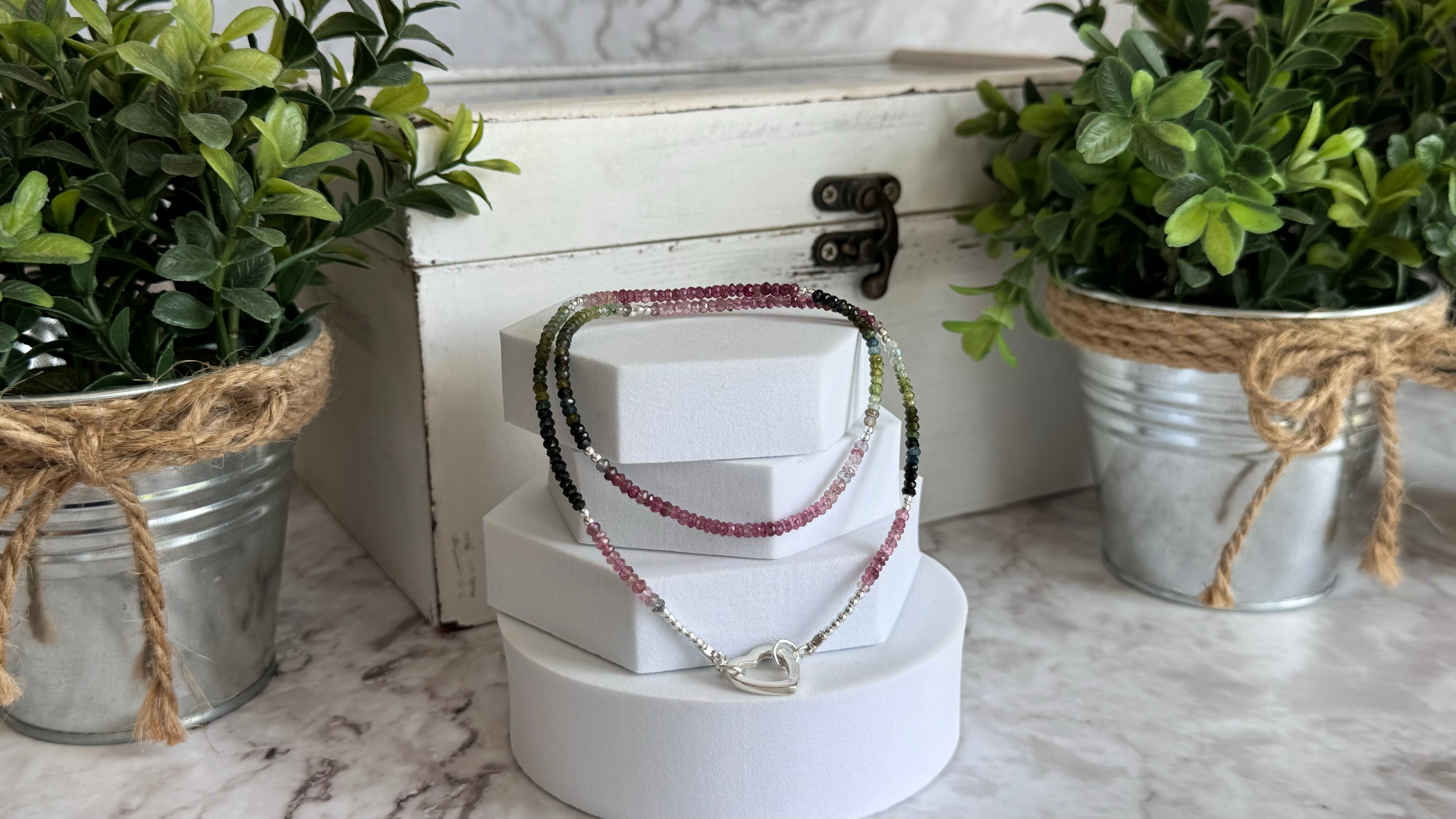 Pink & Green Tourmaline Beaded Necklace with Sterling Silver