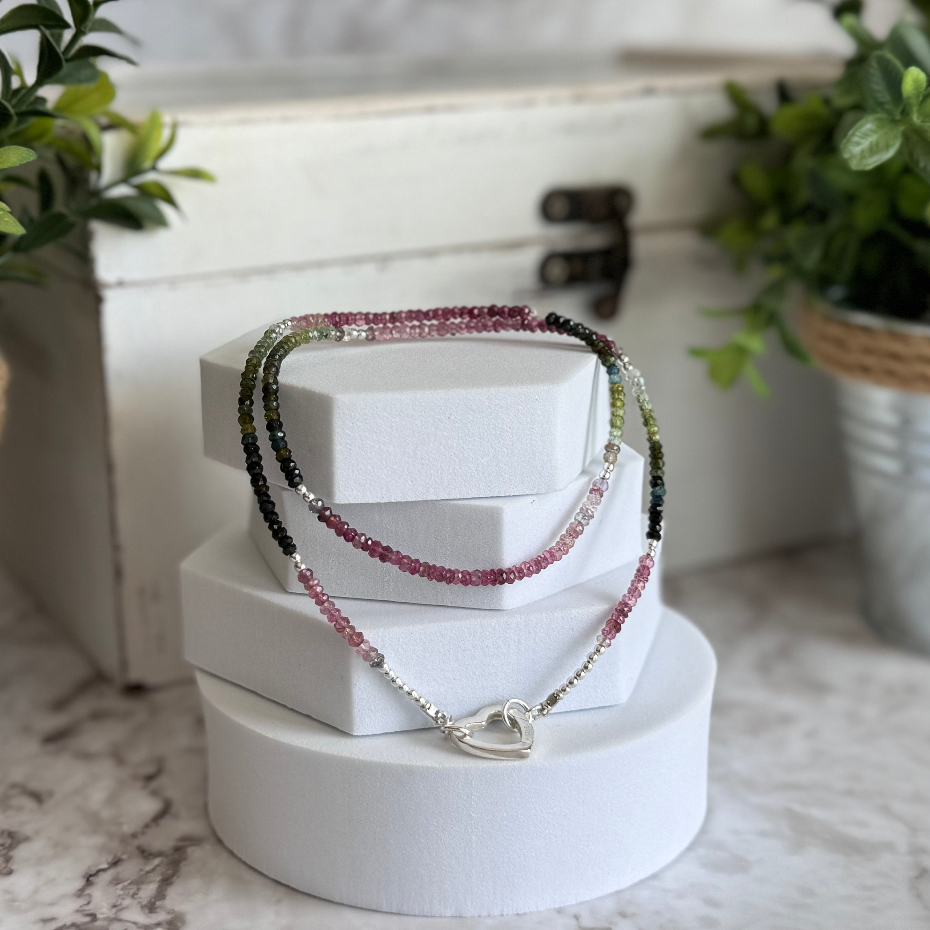 Pink & Green Tourmaline Beaded Necklace with Sterling Silver