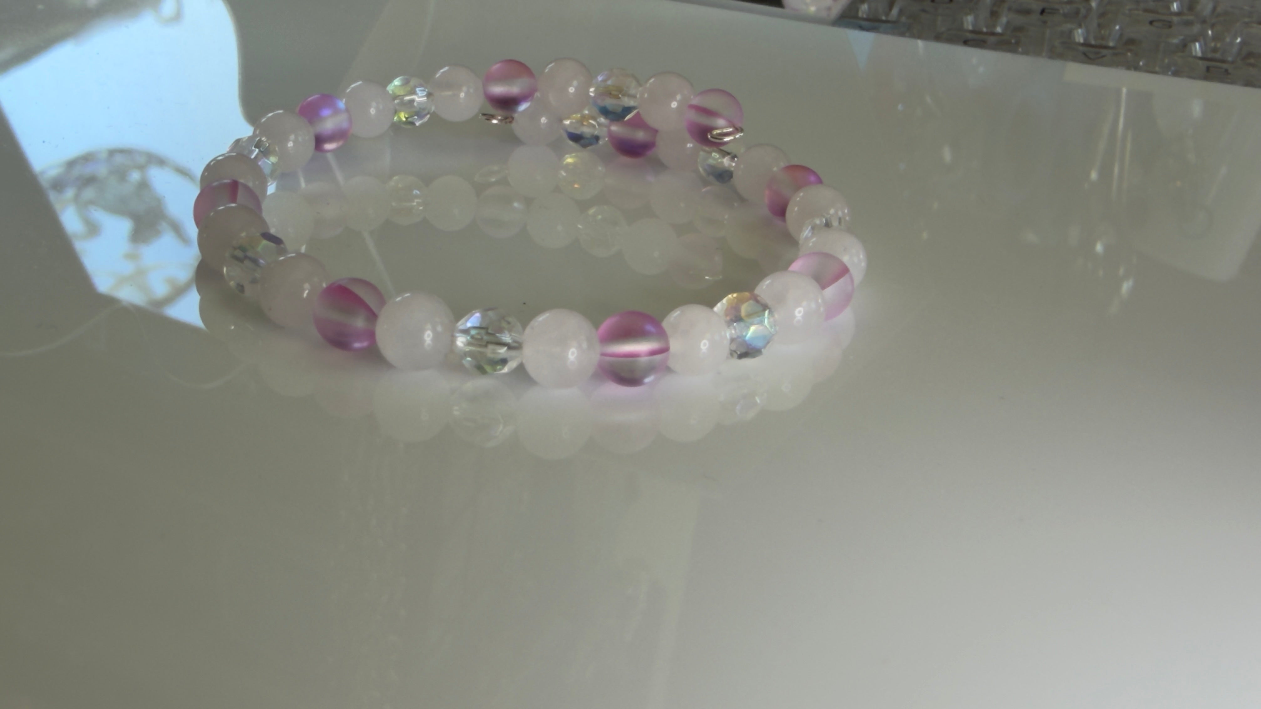 Rose Petal Magic — Rose Quartz & Pink Mermaid Glass Memory Wire Bracelet