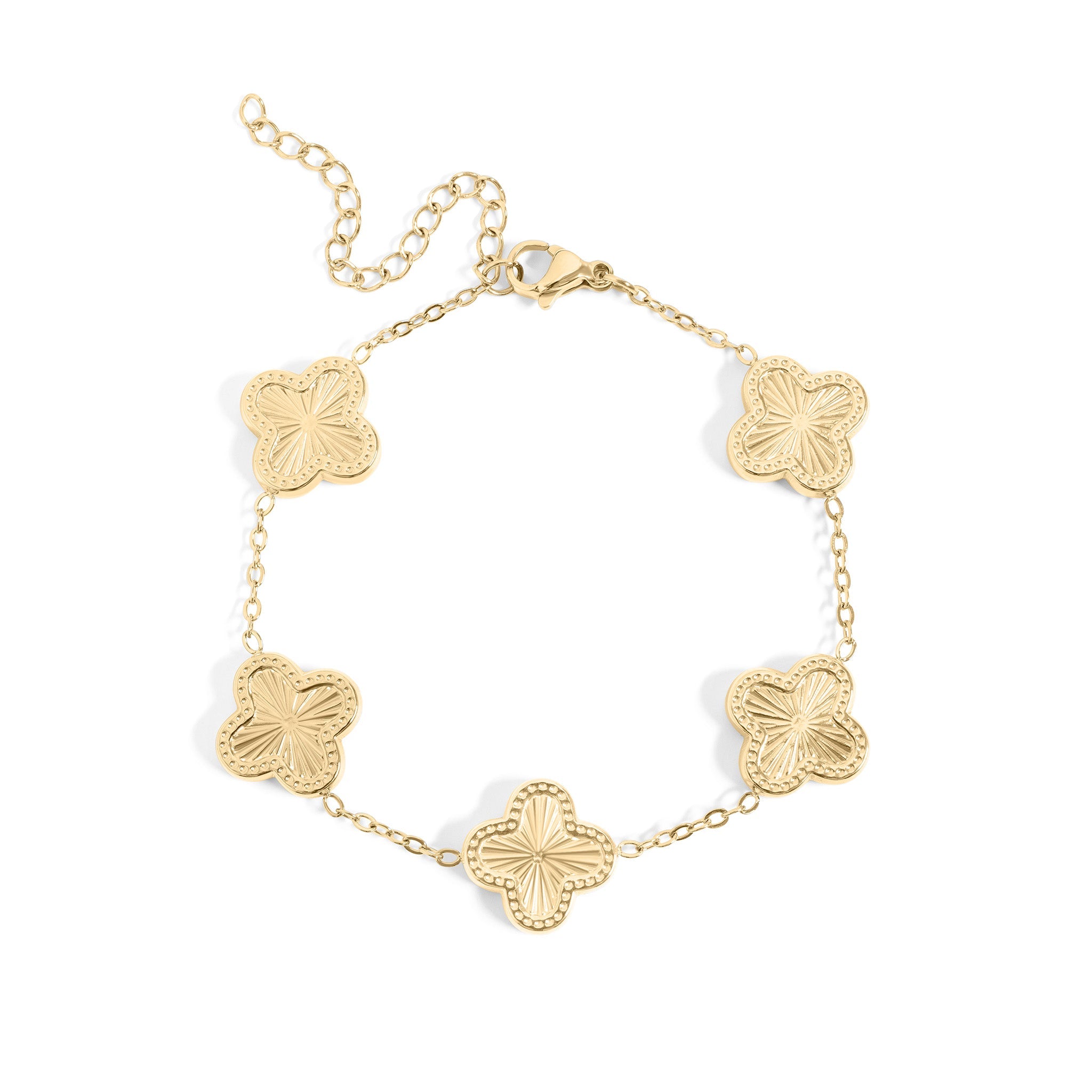 18K Gold PVD Coated Stainless Steel Sunburst Clover Charm Bracelet