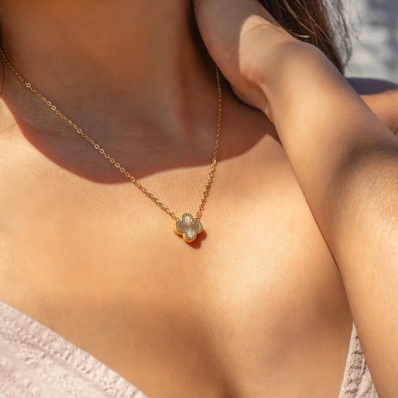 18K Gold PVD Coated Stainless Steel Clover Connector Charm Necklace