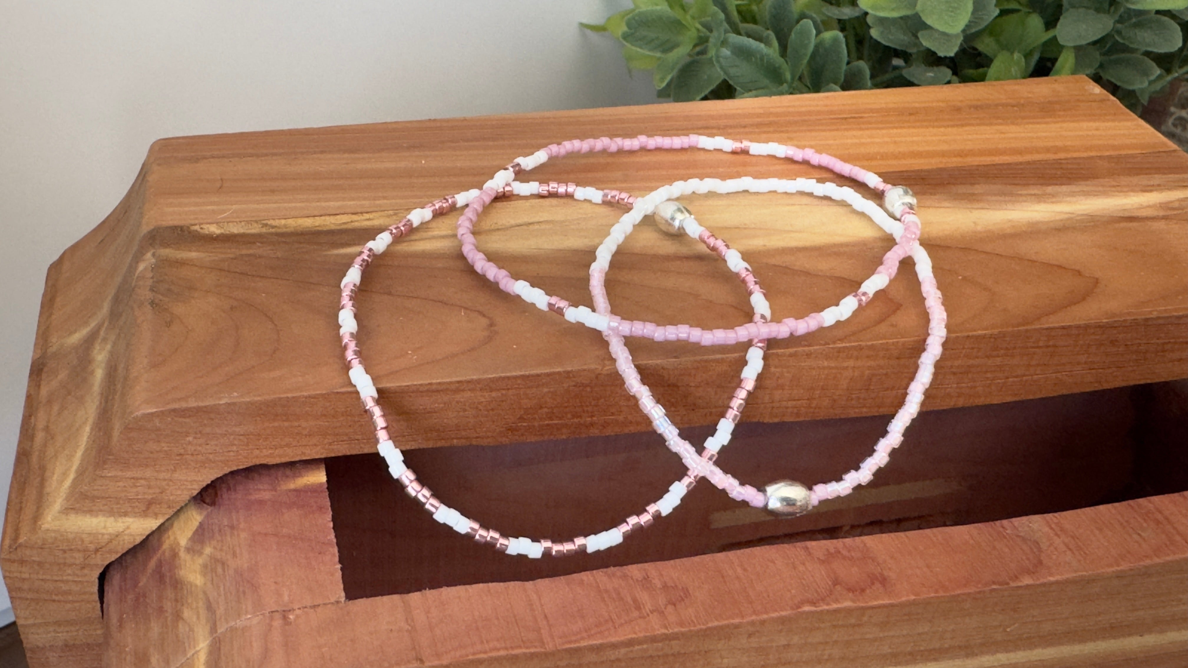 Stretchy Delica Beaded Pink Galvanized Bracelet Trio