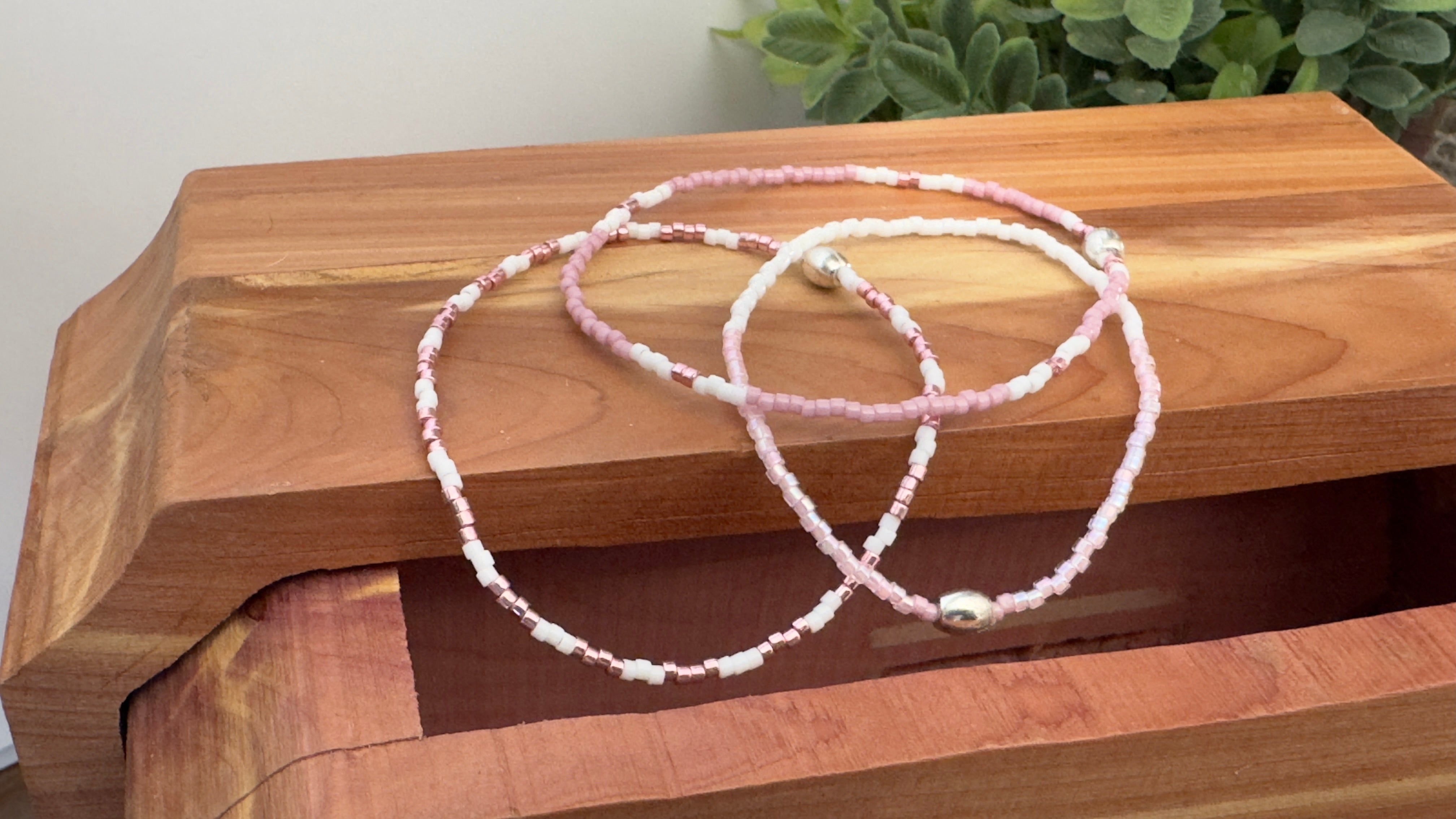 Stretchy Delica Beaded Pink Galvanized Bracelet Trio