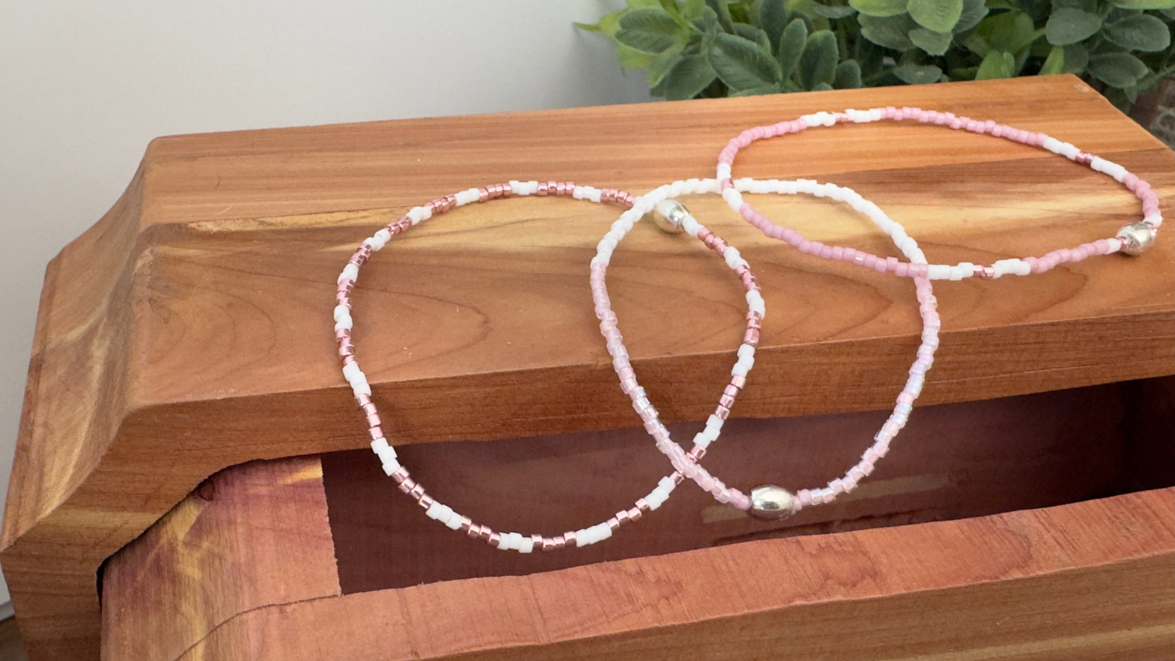 Stretchy Delica Beaded Pink Galvanized Bracelet Trio