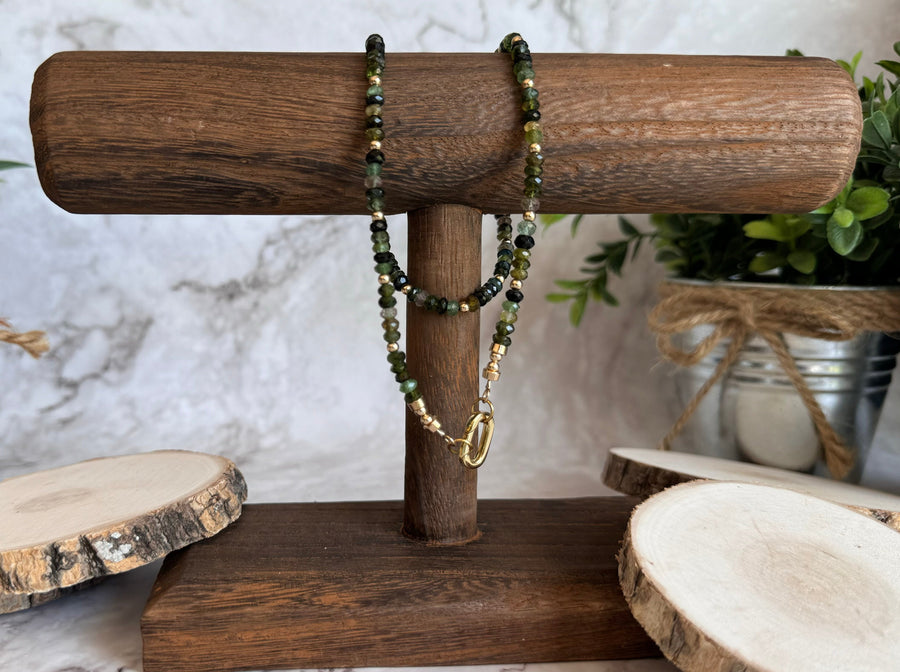 Elegant Green Tourmaline Necklace•Gold Filled Accents and Carabiner Closure