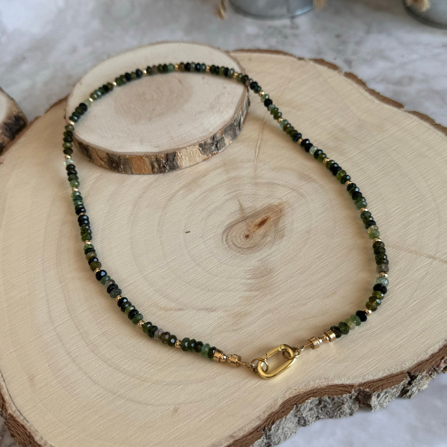 Elegant Green Tourmaline Necklace•Gold Filled Accents and Carabiner Closure