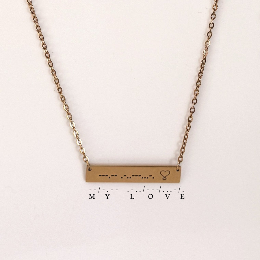 Engraved Morse Code on 18K Gold Coated and Polished Stainless Steel Bar Necklace