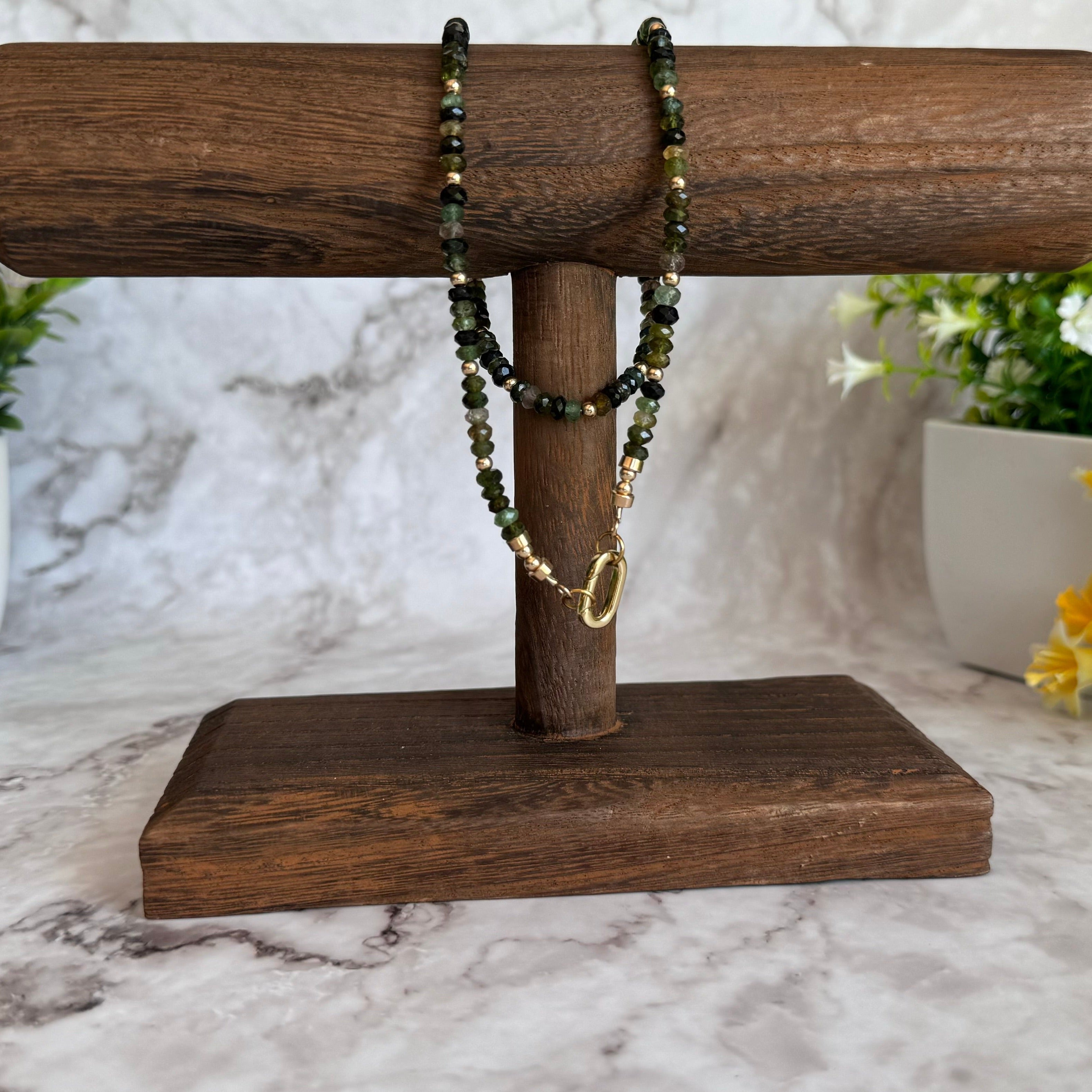 Elegant Green Tourmaline Necklace•Gold Filled Accents and Carabiner Closure