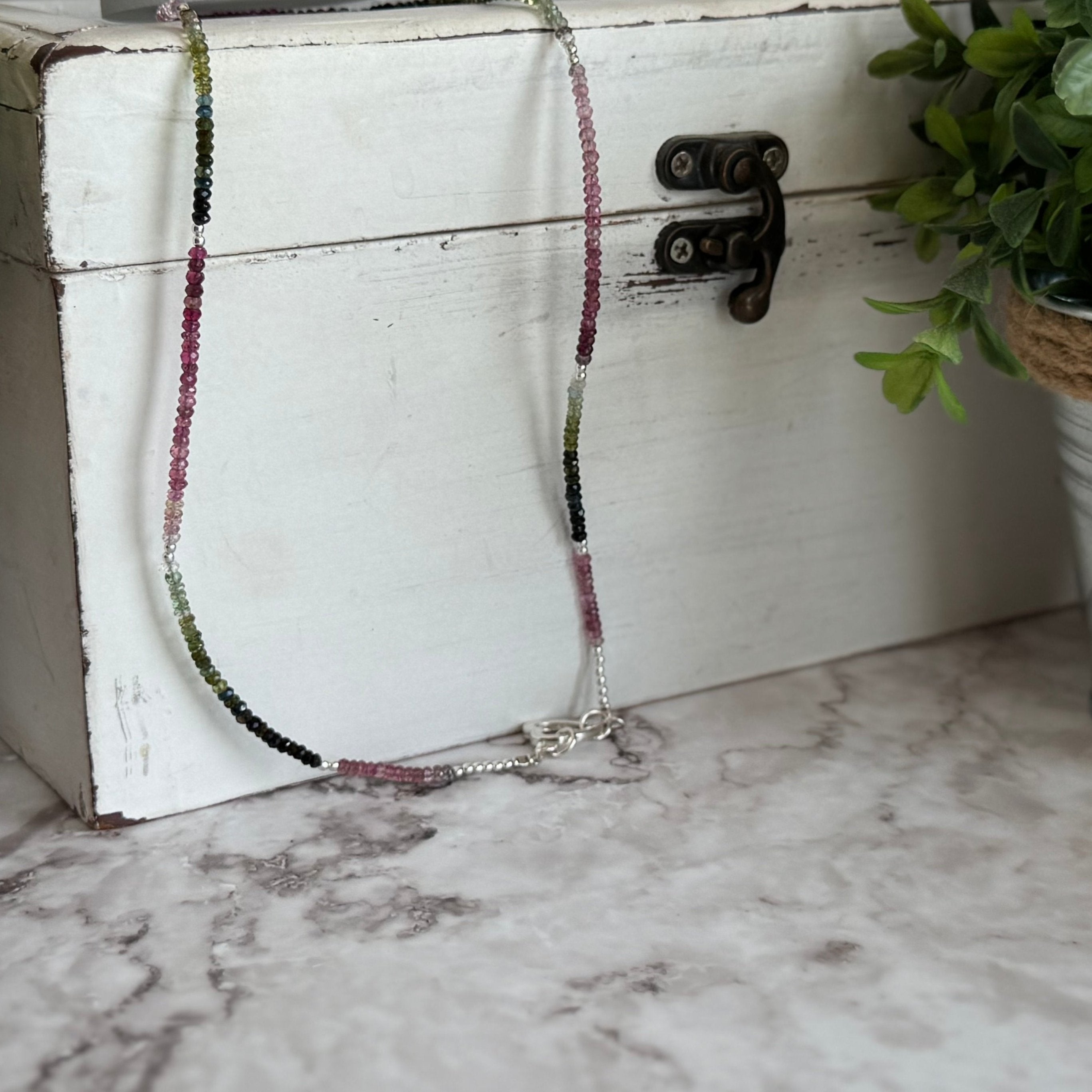 Pink & Green Tourmaline Beaded Necklace with Sterling Silver