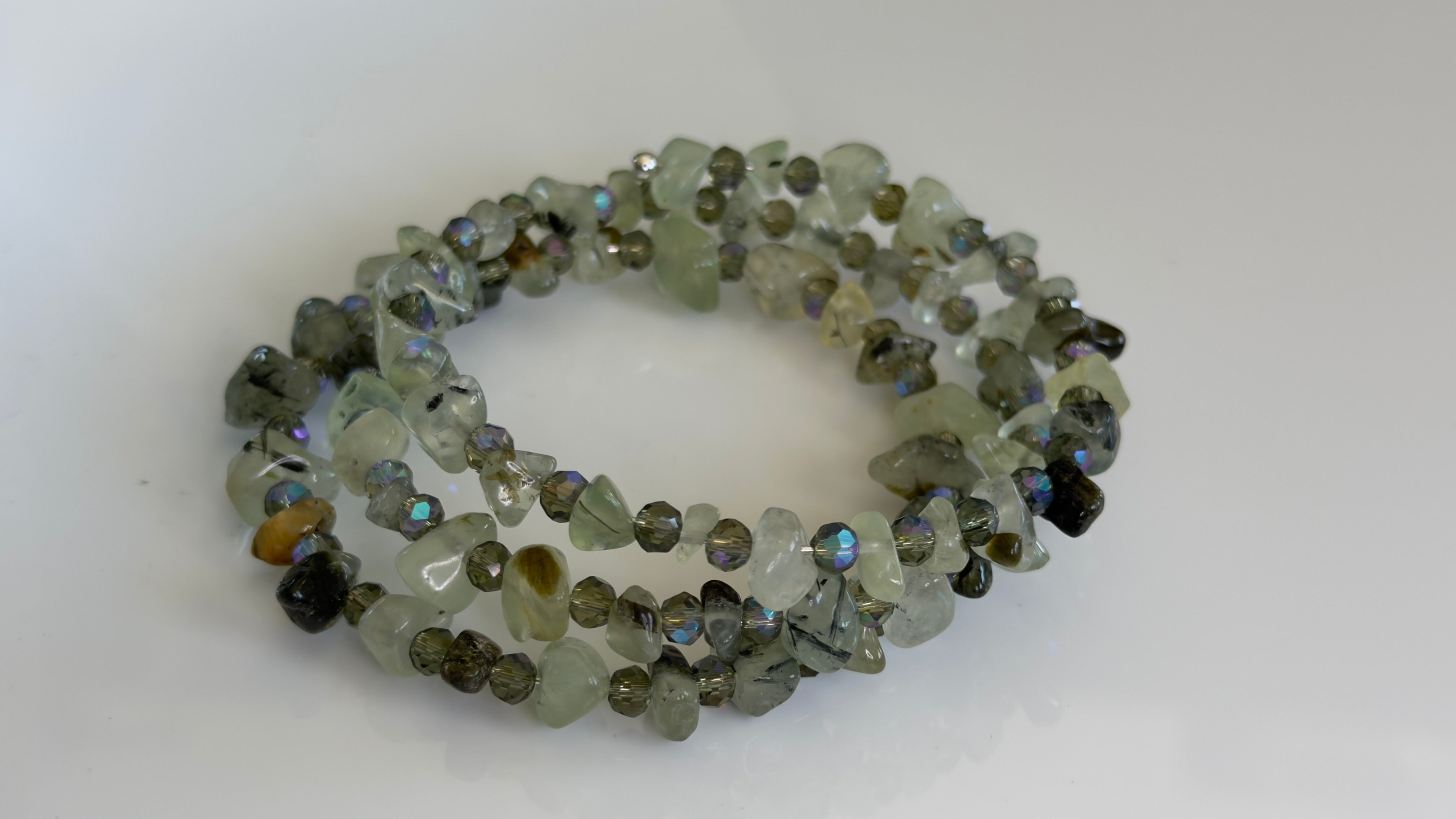 Misty Morning Wrap — Prehnite & Aurora Glass Memory Wire Bracelet