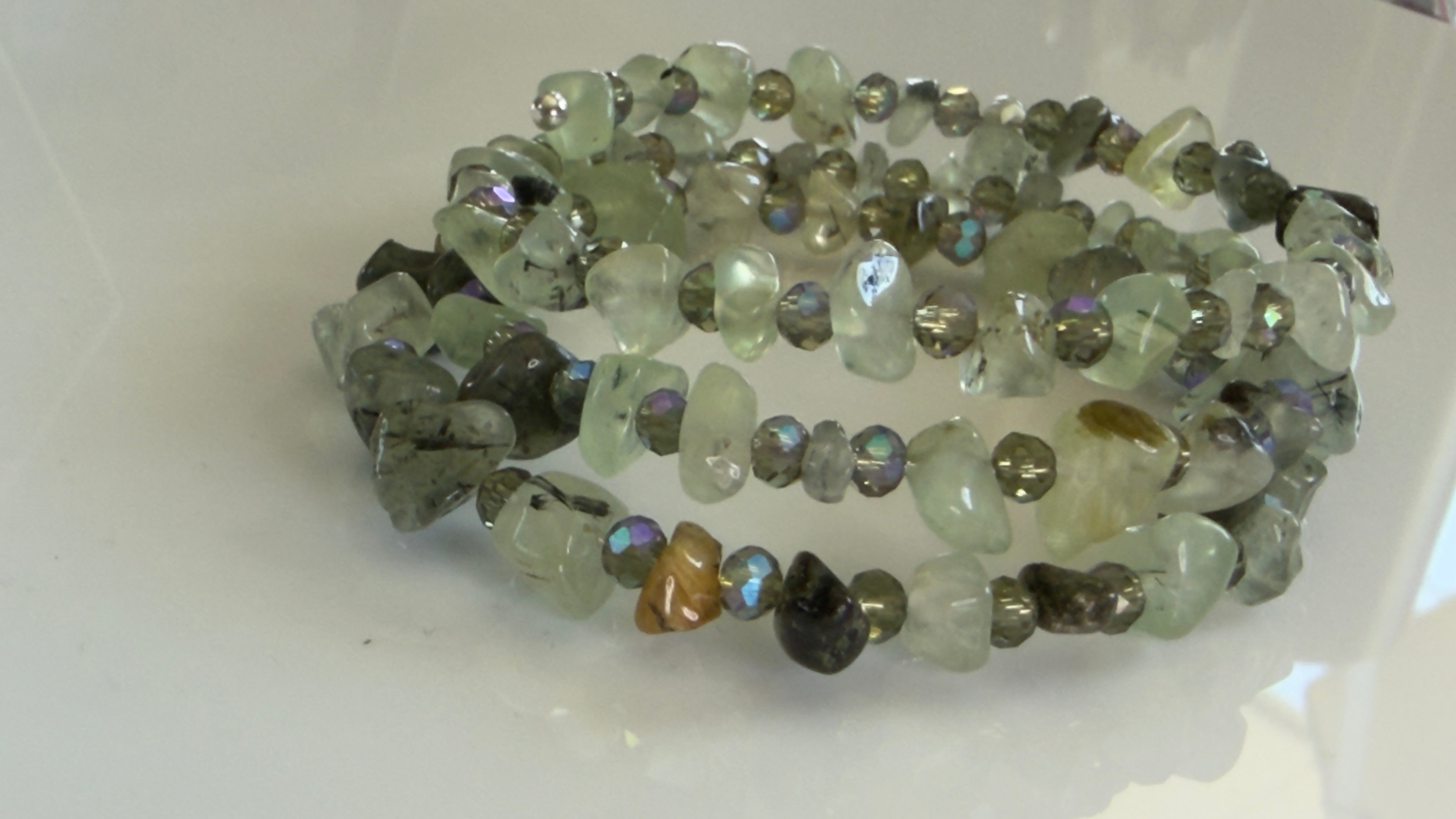 Misty Morning Wrap — Prehnite & Aurora Glass Memory Wire Bracelet