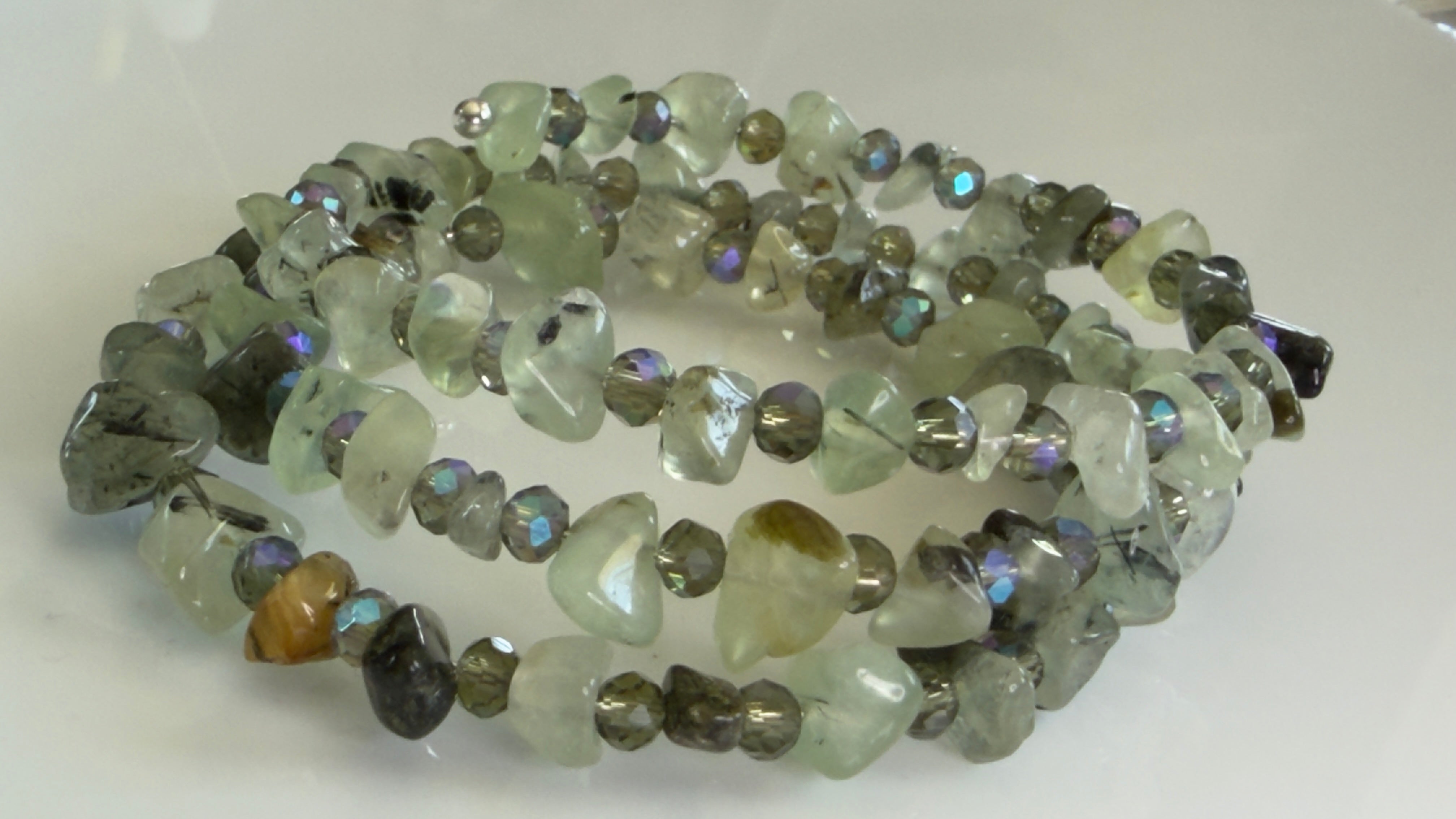 Misty Morning Wrap — Prehnite & Aurora Glass Memory Wire Bracelet