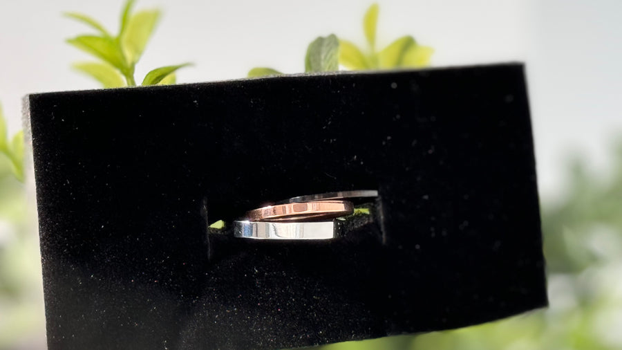 1mm Black, 2mm Rose Gold, 3mm Polished Stainless Steel. Showing what stacking the sizes looks like as well as comparing them together.