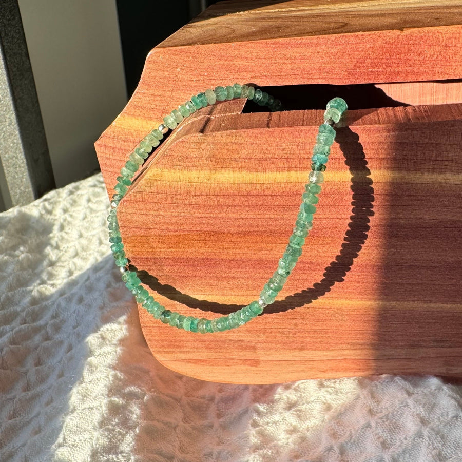 Hand-Cut Natural Emerald Rondelle Bead Bracelet with Sterling Silver Accents