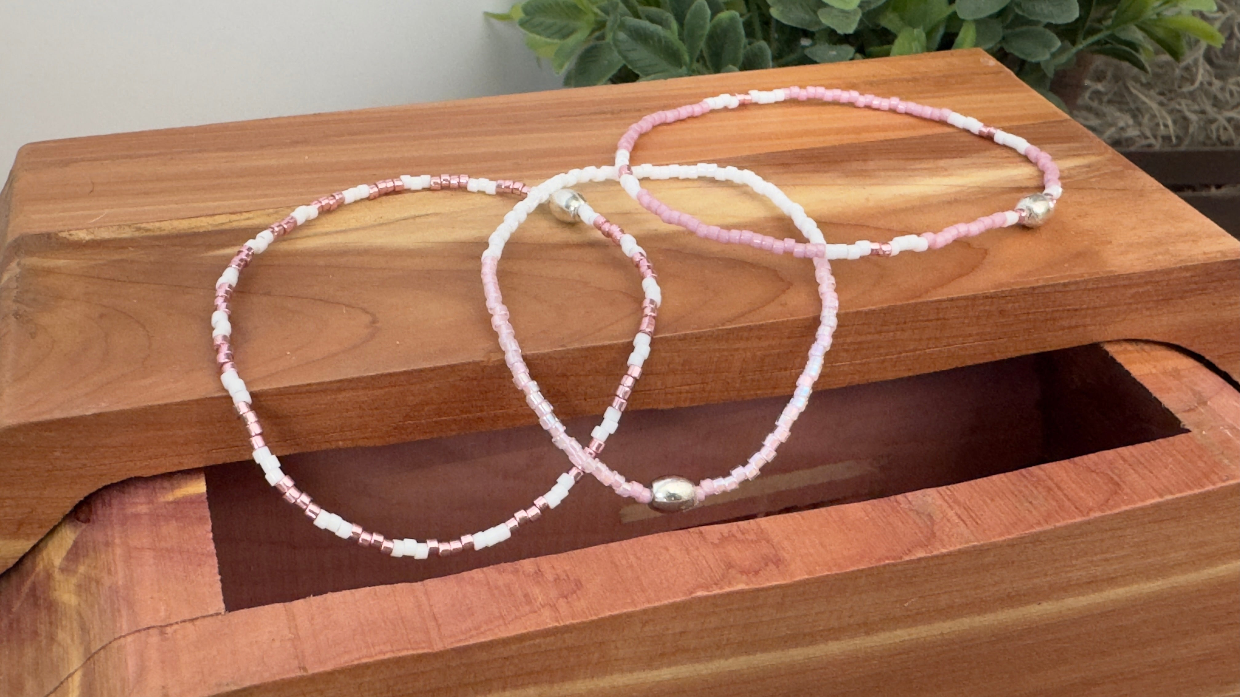 Stretchy Delica Beaded Pink Galvanized Bracelet Trio